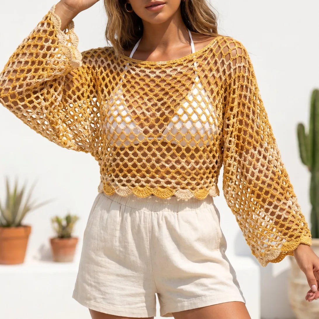 Golden Boho Mesh Crochet Top Pattern – Lightweight Summer Cover-Up with Bell Sleeves