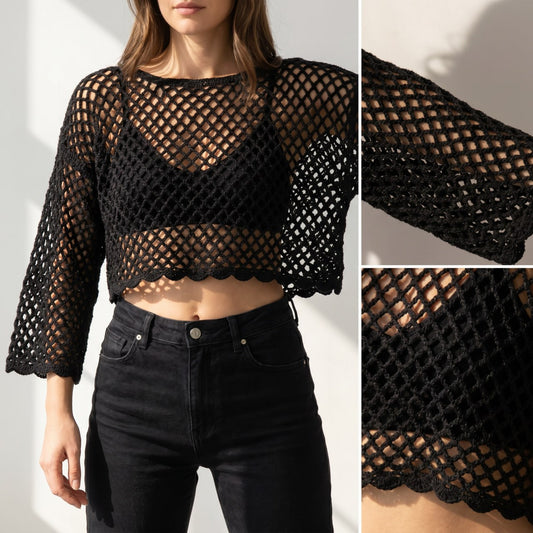 Black Mesh Crochet Crop Top Pattern – Modern Openwork Long Sleeve Cover-Up with Scalloped Hem