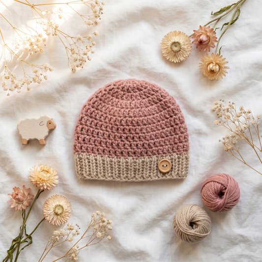 Blush Baby Beanie Crochet Pattern – Cozy Two-Tone Newborn Hat PDF