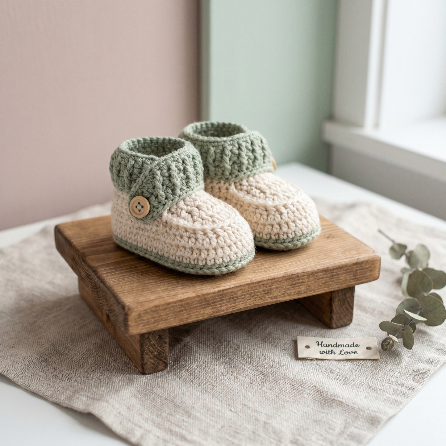 Sage Baby Booties Crochet Pattern – Cozy Button Newborn Shoes PDF
