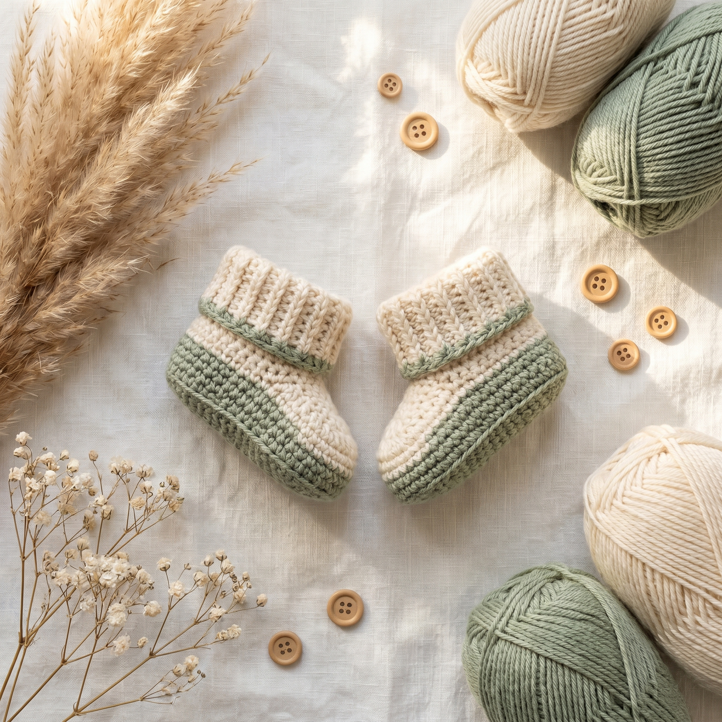 Sage Baby Booties Crochet Pattern – Cozy Button Newborn Shoes PDF