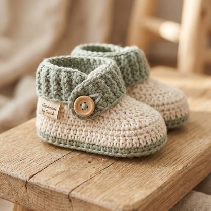 Sage Baby Booties Crochet Pattern – Cozy Button Newborn Shoes PDF