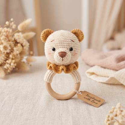 Teddy Bear Crochet Rattle Pattern – Baby Teether Ring Toy PDF