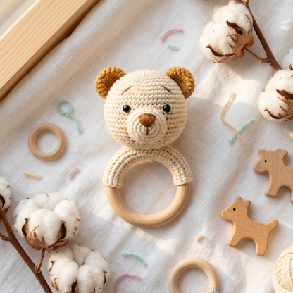 Teddy Bear Crochet Rattle Pattern – Baby Teether Ring Toy PDF