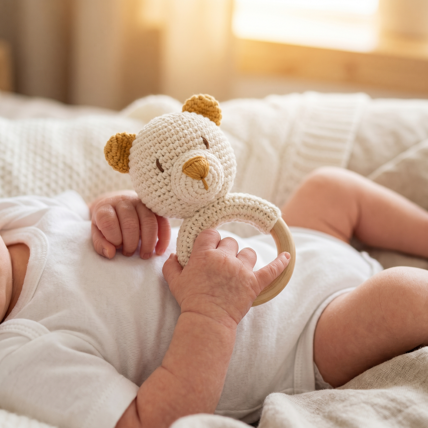 Teddy Bear Crochet Rattle Pattern – Baby Teether Ring Toy PDF