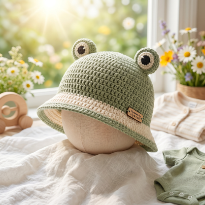 Frog Bucket Hat Crochet Pattern – Cute Baby Animal Sun Hat PDF