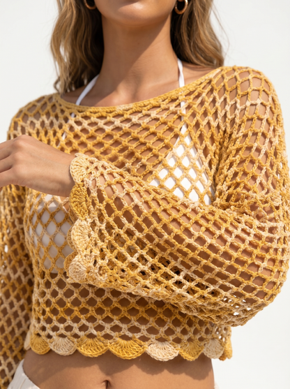 Golden Boho Mesh Crochet Top Pattern – Lightweight Summer Cover-Up with Bell Sleeves