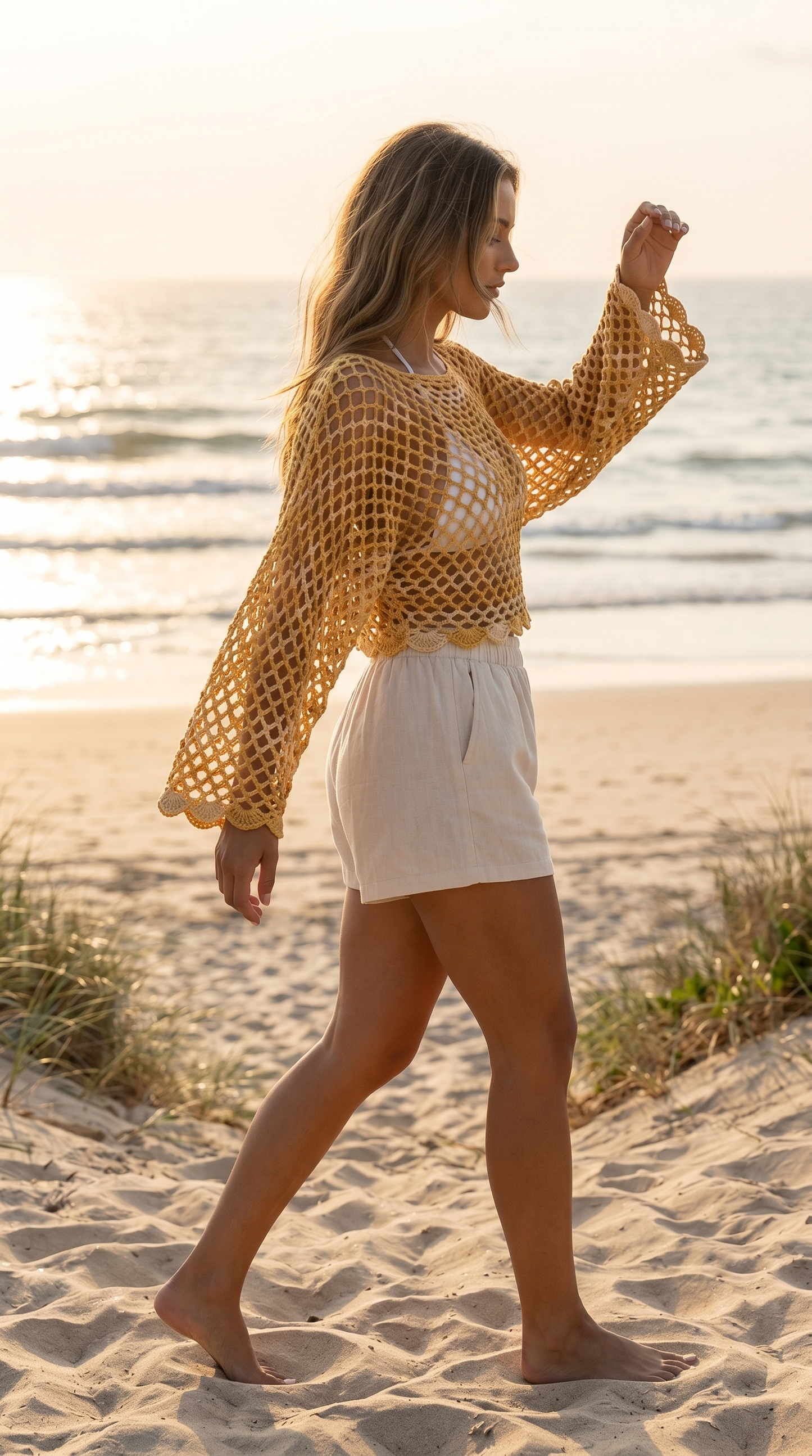 Golden Boho Mesh Crochet Top Pattern – Lightweight Summer Cover-Up with Bell Sleeves
