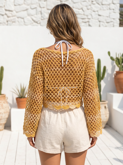 Golden Boho Mesh Crochet Top Pattern – Lightweight Summer Cover-Up with Bell Sleeves