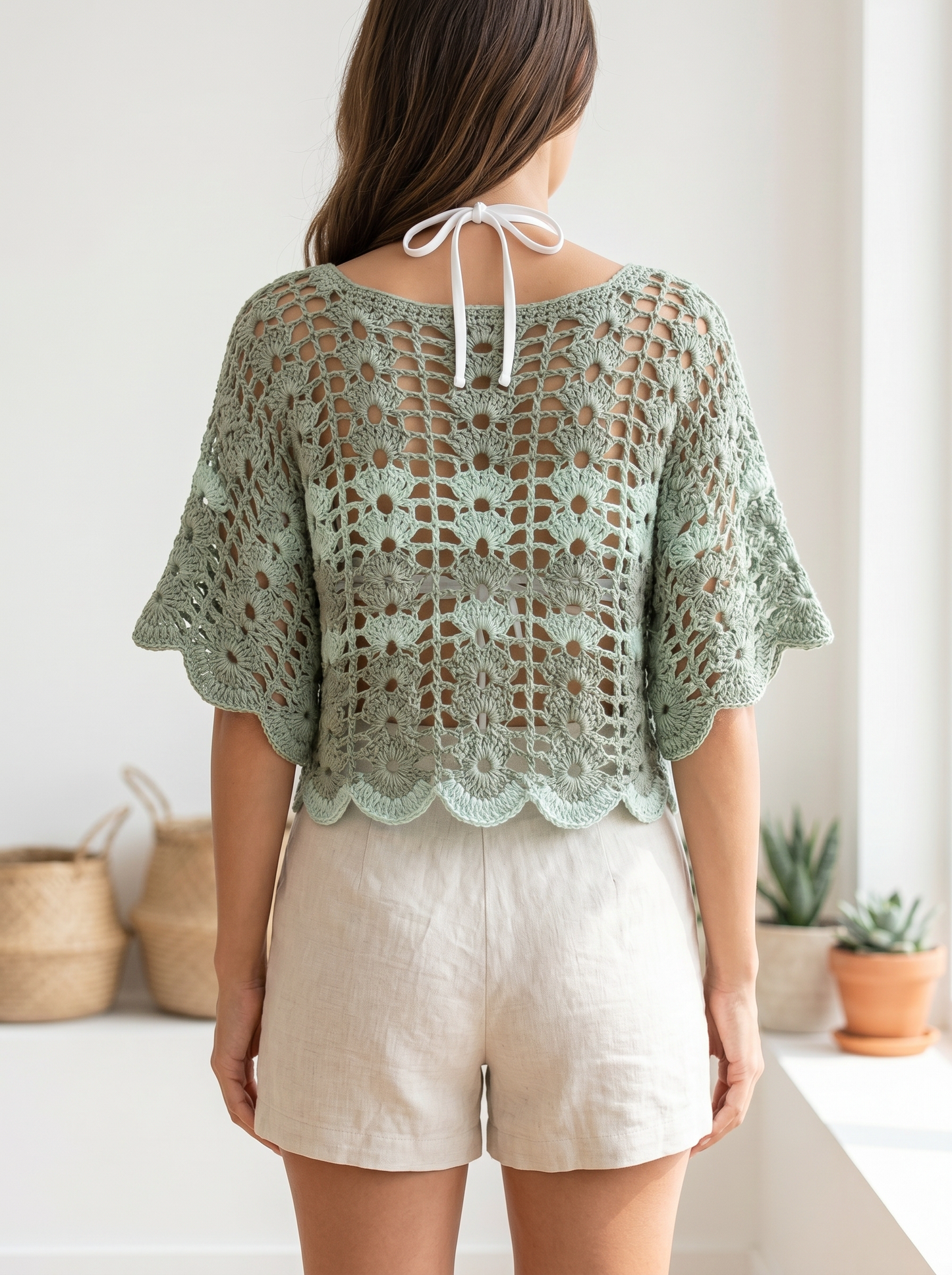 Sage Green Boho Crochet Top Pattern – Floral Lace Summer Cover-Up with Scalloped Hem