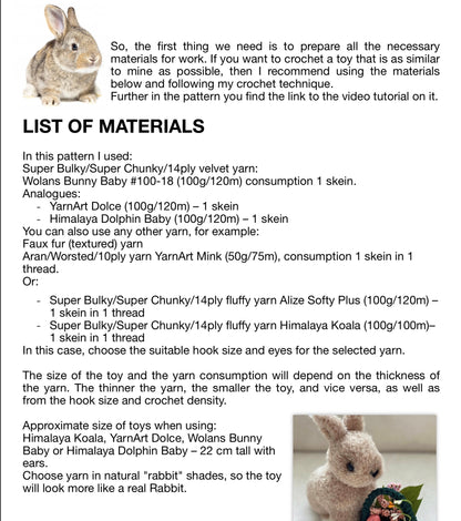 Crochet Pattern Realistic Mini Bunny Rabbit Amigurumi English PDF Tutorial