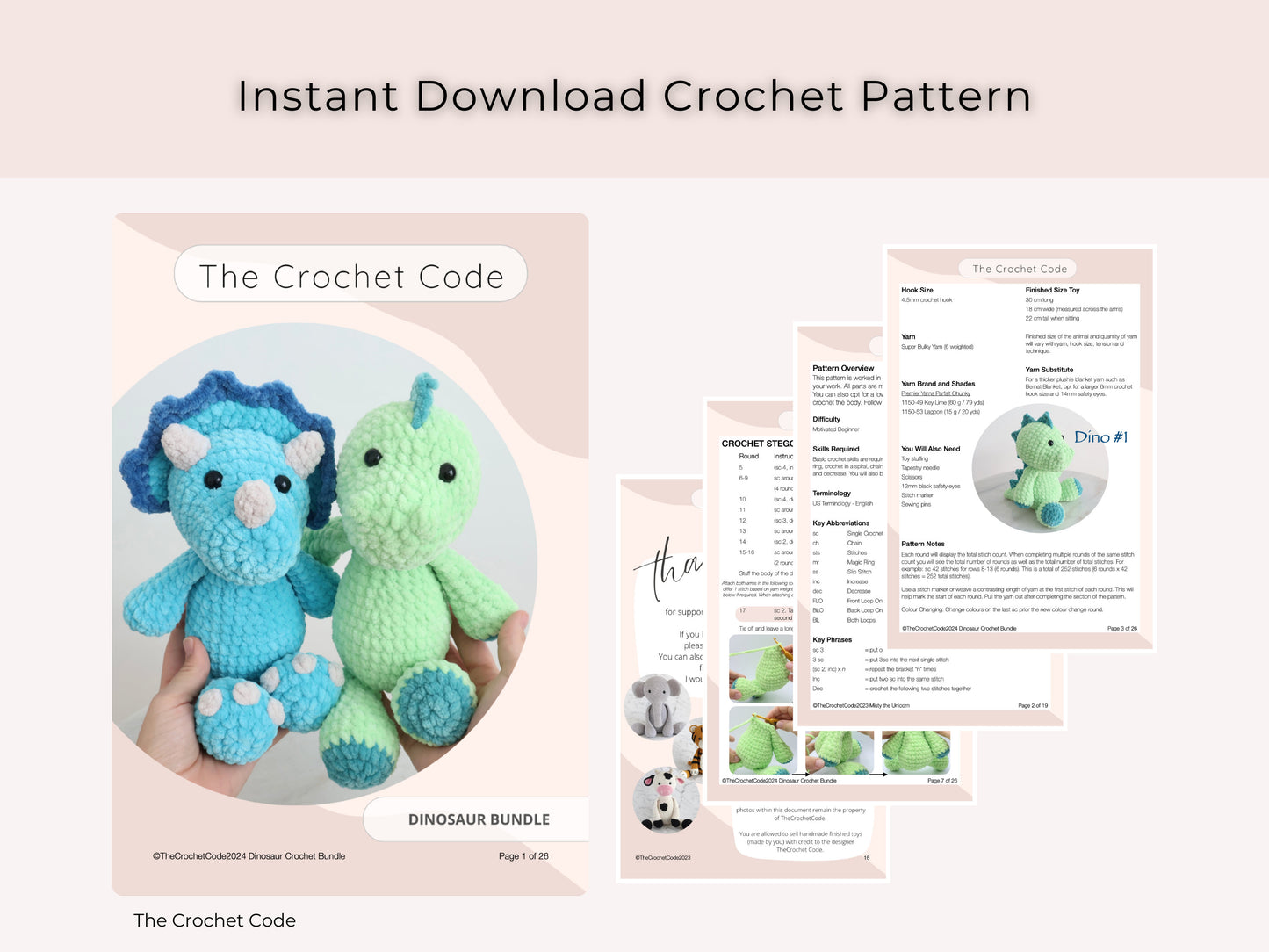 2 in 1 Dinosaur Crochet Pattern Bundle, Amigurumi Dinosaur Pattern, Dino Stuffed Animals, Stegosaurus and Triceratops, Instant Download PDF