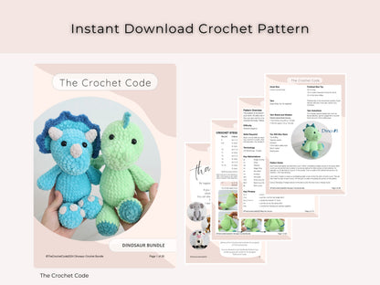 2 in 1 Dinosaur Crochet Pattern Bundle, Amigurumi Dinosaur Pattern, Dino Stuffed Animals, Stegosaurus and Triceratops, Instant Download PDF