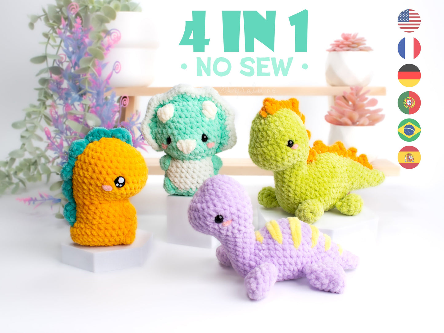 Dino Friends No-Sew Amigurumi Crochet 4 Patterns Bundle US Terms PDF