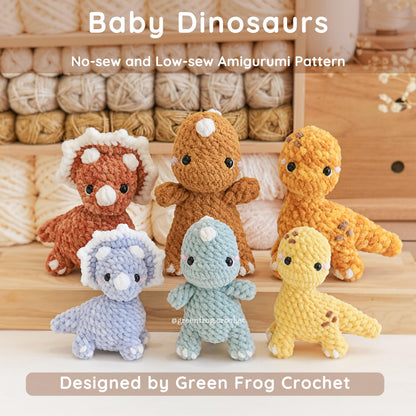 Bundle 3 in 1 No Sew Dinosaur Amigurumi Brontosaurus, T-Rex & Low Sew Triceratops Crochet Pattern