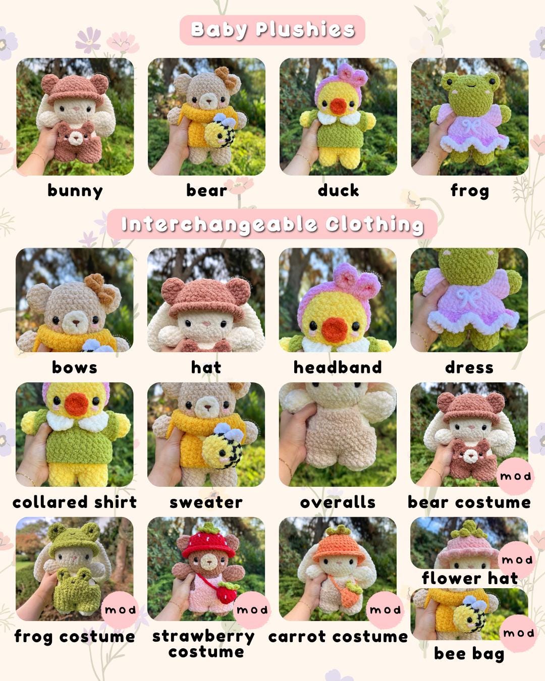 15 in 1 Baby Plushies in Interchangeable Clothing Crochet Pattern Bundle | Bunny, Bear, Frog, Duck