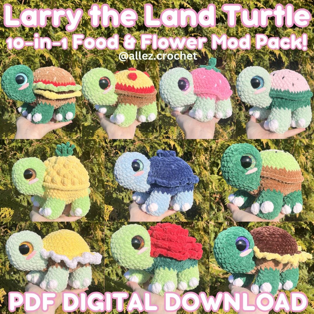 10-in-1 Larry the Land Turtle Crochet Pattern Bundle: Food & Flower Mod Pack PDF Digital Download