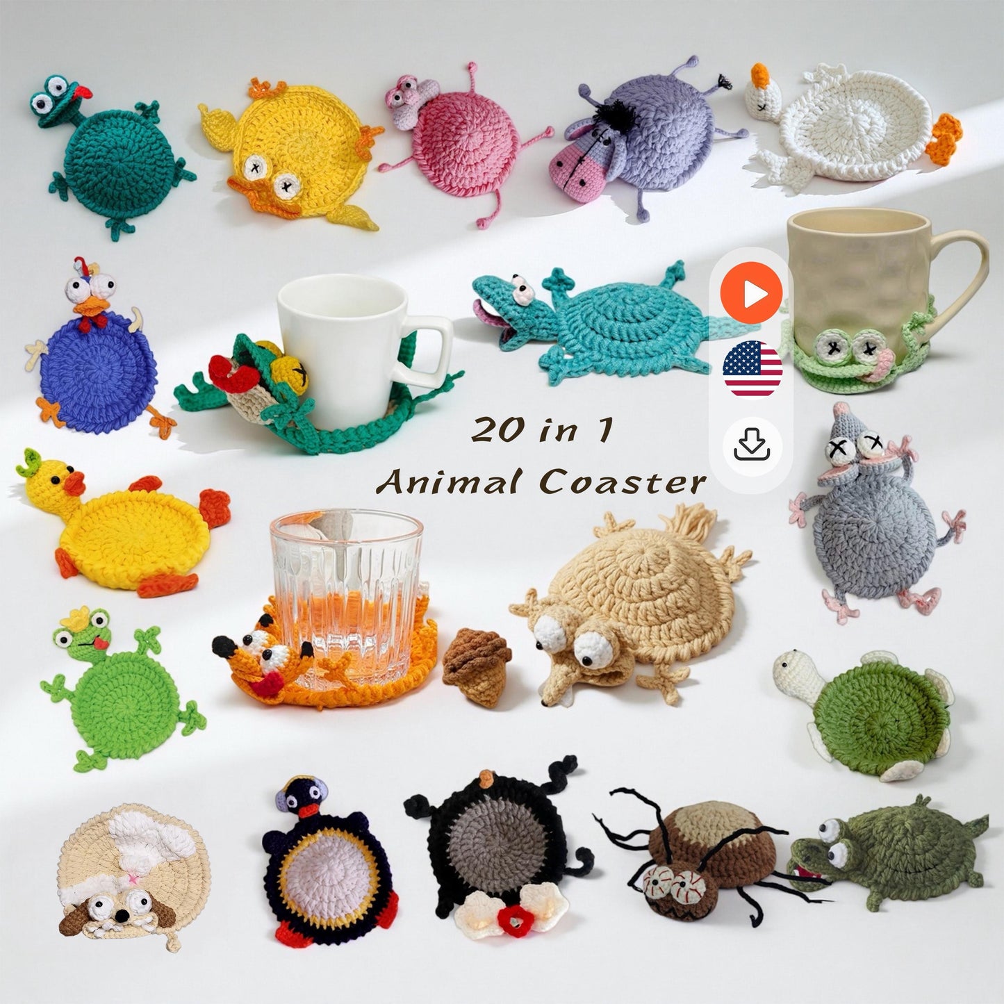 20-in-1 Animal Crochet Coaster Patterns, Mug Hugger Bundle, animals cup holder (PDF + VIDEO TUTORIAL)