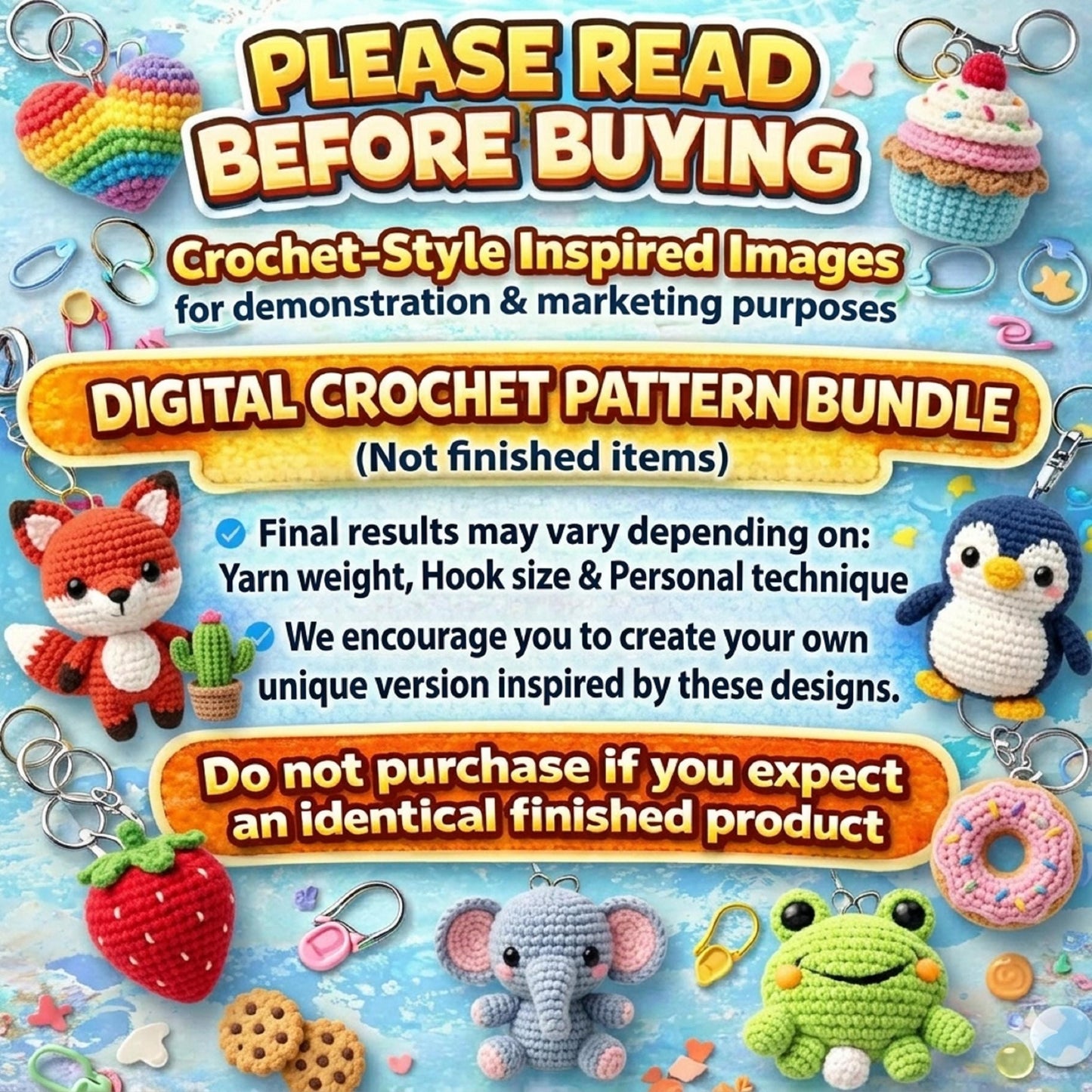 300+ Keychain Crochet Pattern Bundle PDF, Amigurumi Cute Mini Animals Food Rainbow Plush Keyring Crochet Patterns Instant Digital Download