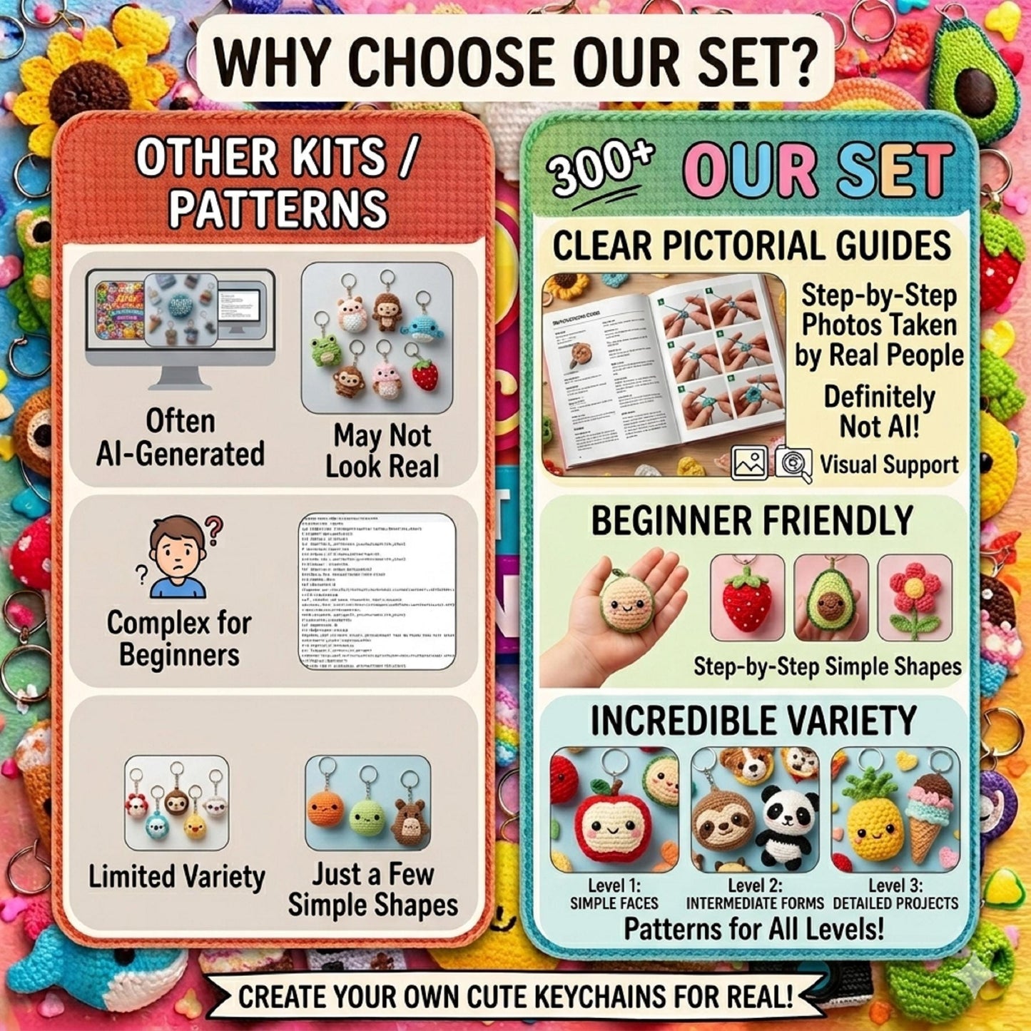 300+ Keychain Crochet Pattern Bundle PDF, Amigurumi Cute Mini Animals Food Rainbow Plush Keyring Crochet Patterns Instant Digital Download