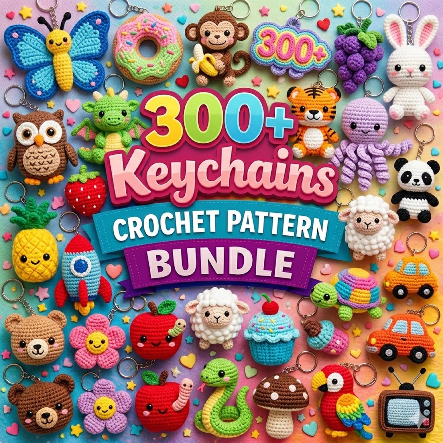 300+ Keychain Crochet Pattern Bundle PDF, Amigurumi Cute Mini Animals Food Rainbow Plush Keyring Crochet Patterns Instant Digital Download